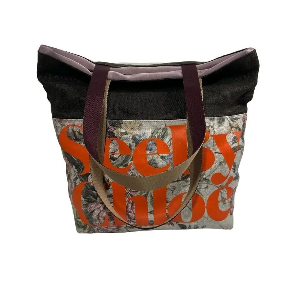 See By Chloé Floral Canvas Casual Style Logo Beige Brown and Purple Tote Bag